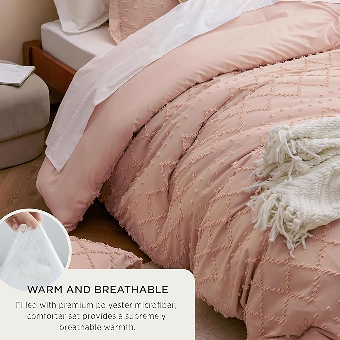 Bedsure King Comforter Set - Coral Pink Comforter, Boho Tufted Shabby Chic Bedding for Kids, 3 Pieces Vintage Farmhouse Bed Set for All Seasons, Fluffy Soft Bedding with 2 Pillow Shams