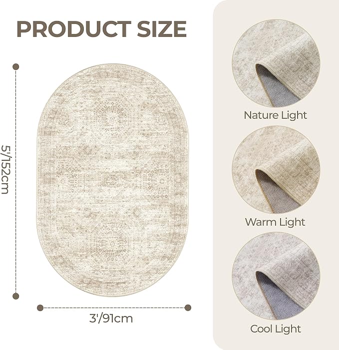 3x5 Oval Rug for Bedroom, Washable Area Rug, Living Room, Neutral Rug, Stain - Image 2