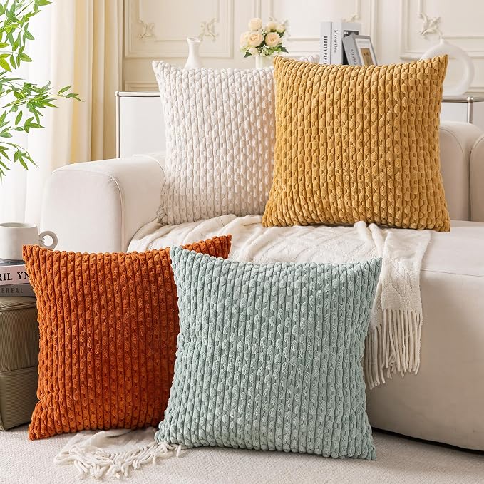 Set of 4 Yellow Rust Aqua Decorative Throw Pillow Covers 16x16 Inch Corduroy by Cozoomy