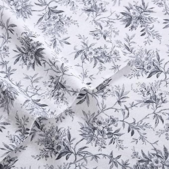 Laura Ashley - Flannel Sheets King Size, Anti-Pilling & Wrinkle Resistant Cotton, Touchably Soft for All-Season Comfort - Bed Sheets with Matching Pillowcases & Fitted Sheet (Faye Toile Black)