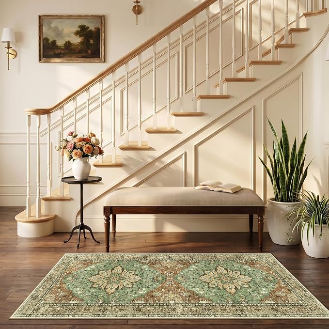 RELEANY Washable Area Rug, Runner 2'6"x5', Brick/Brown/Green | Non-Slip by RELEANY