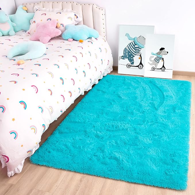 2x3 Blue Fluffy Soft Area Rug Non-Slip by ModernHomeDecor