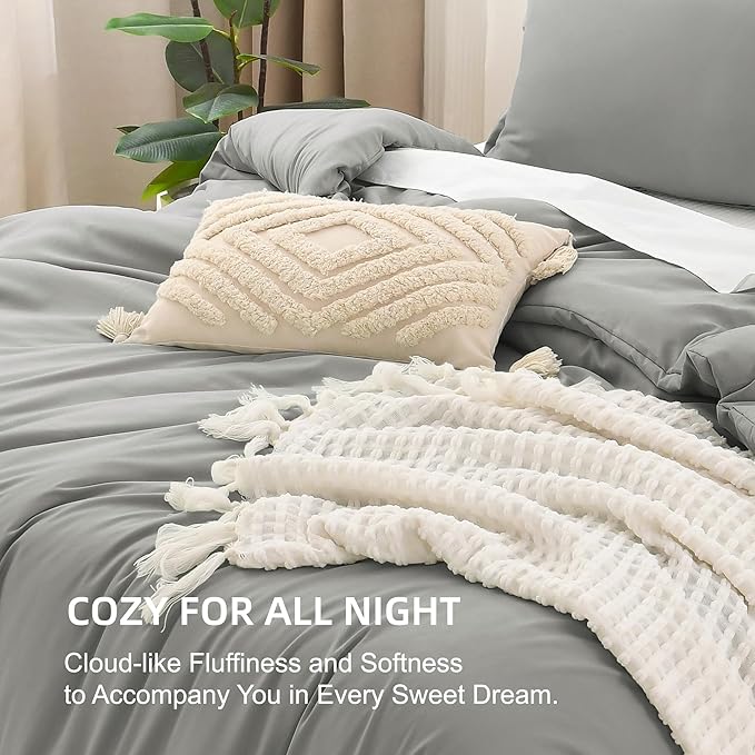 Litanika Comforters Medium Gray Oversized Queen Size, 3 Pieces Lightweight Solid Bedding Set & Collections, All Season Fluffy Bed Set (98x98In Comforter & 2 Pillowcases)