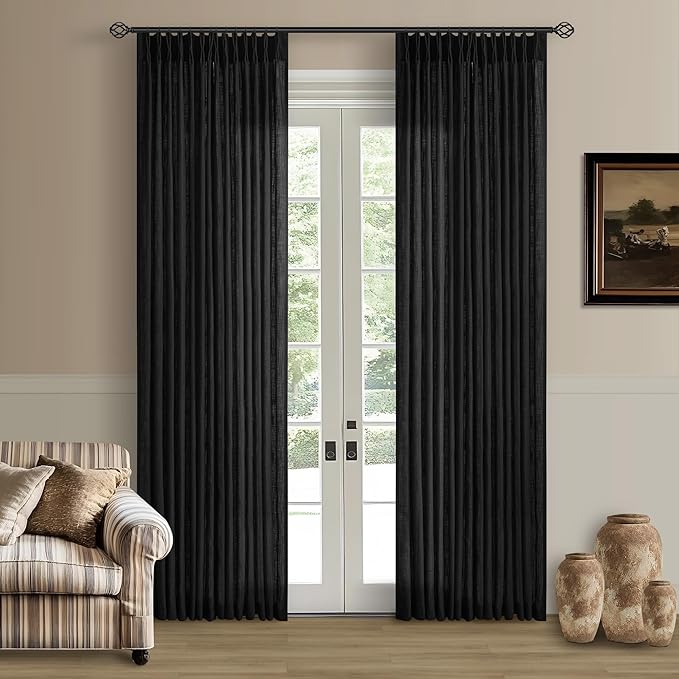Black Pinch Pleated Linen Semi Sheer 84 Inch Curtains 2 Panels | Light Filtering by Twodrapes