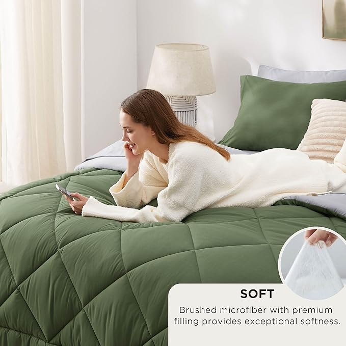 Bedsure Twin Size Comforter Set - 7 Pieces Reversible Olive Green Bedding, Twin Size Bed Set for All Seasons, Bed in a Bag with Down Alternative Comforter, Sheets, Pillowcase & Sham