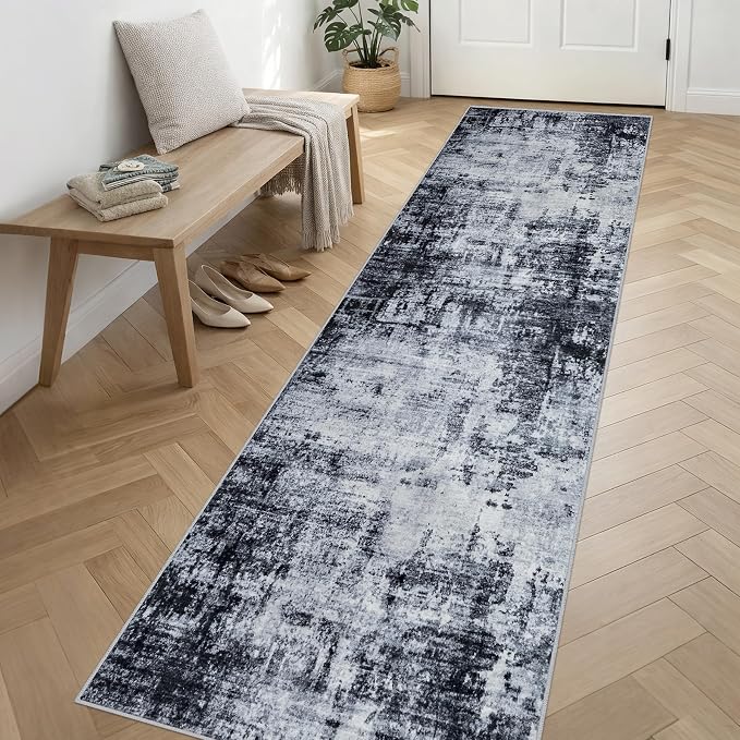 2.6x14 Washable Runner Rug:Modern Abstract Soft Carpet Dark Black | - Image 3