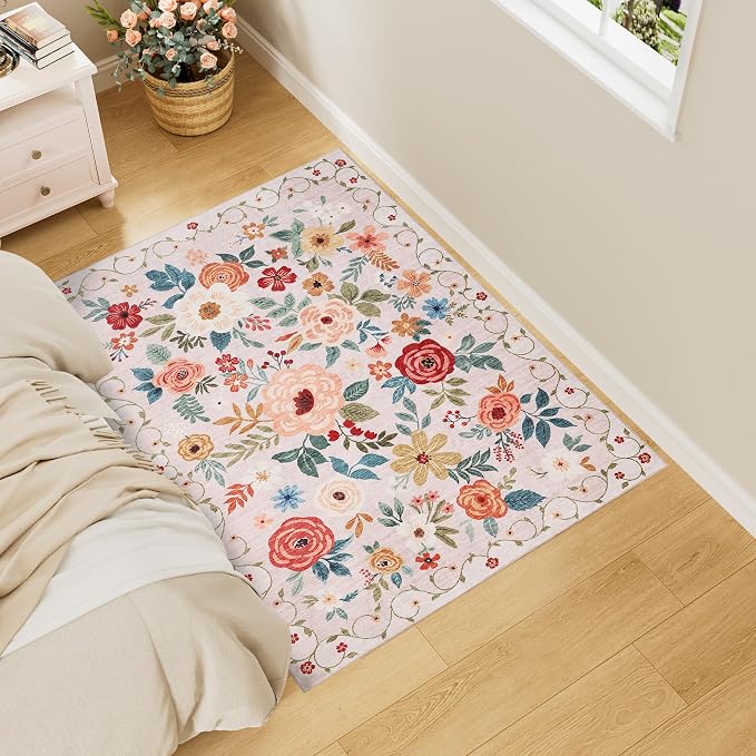 DUKINO 3x4 Area Rug, Floral Washable Rug by DUKINO