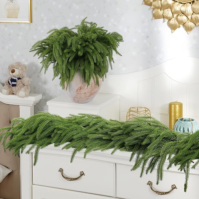 12 Pcs Artificial Norfolk Pine Branches, Norfolk Pine Artificial Pine Stems DIY Crafts Faux Christmas Greenary Norfolk Pine Branches for Xmas Wreath Garland Home Decor (12)
