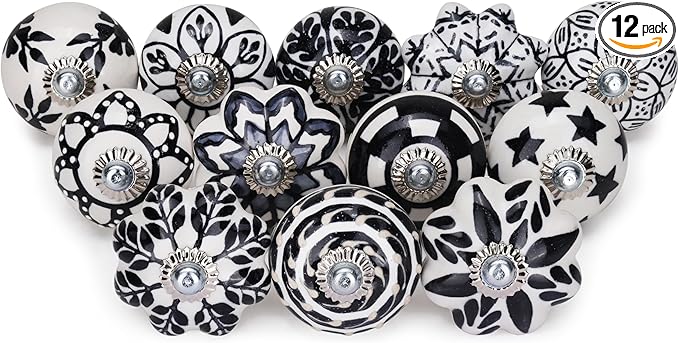 Knobs for Cabinets and Drawers Assorted Black Cupboard Wardrobe Furniture Knob Door Pull Handles for Dresser Kitchen Wardrobes Boho Home Interior Decor -Pack of 12