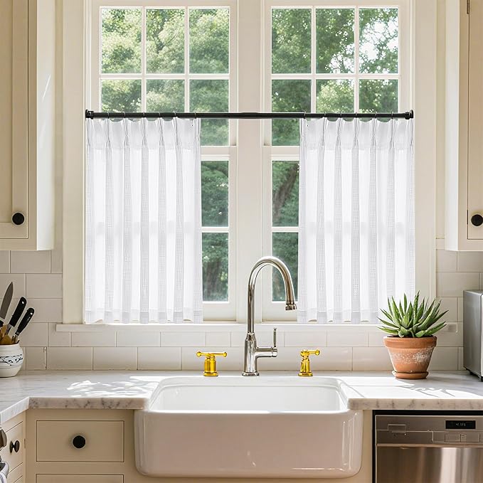 White Linen Kitchen Window Curtains 2 Panels Pinch Pleated 24 Inch Length | by Twodrapes