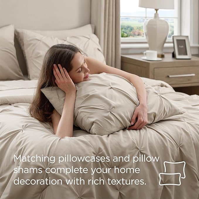 Bedsure Full Comforter Set Beige - Bed in a Bag Full Size Bedding Set 7 Pieces, GentleSoft™ Pintuck Bed Set Gift for Family, Pinch Pleat Beige Comforter with Sheets, Pillowcases & Shams