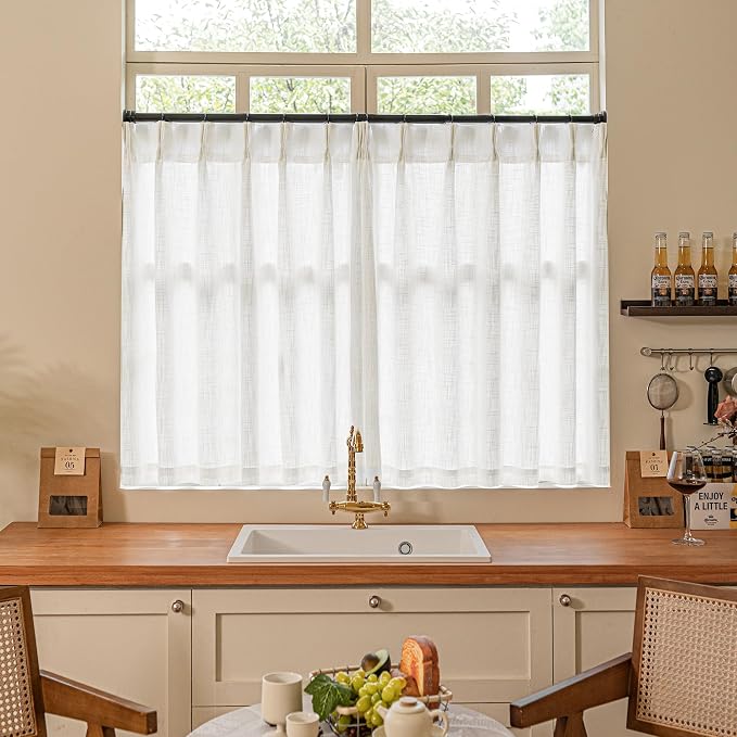 Beige White Linen Kitchen 36 Inch Pinch Pleated Curtains 2 Panels | Ivory Short by Twodrapes