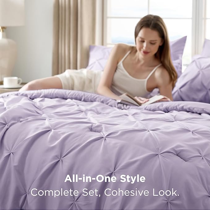 Bedsure Twin Comforter Set Light Purple - Bed in a Bag Twin Size Bedding 5 Pieces, GentleSoft™ Pintuck Bed Set Gift for Family, Pinch Pleat Light Purple Comforter with Sheets, Pillowcase & Sham