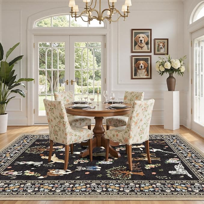 Black Floral Area Rug 6x9 for Living Room Bedroom | Ultra-Thin; Easy Clean; Non - Image 4