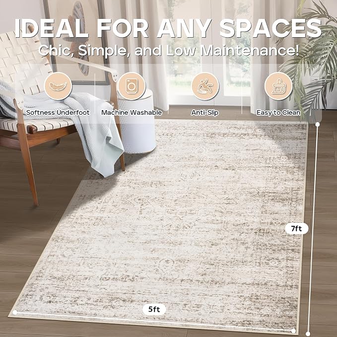 5x7 Area Rugs for Living Room Bedroom Dining Room Washable Beige Ivory | Soft - Image 2