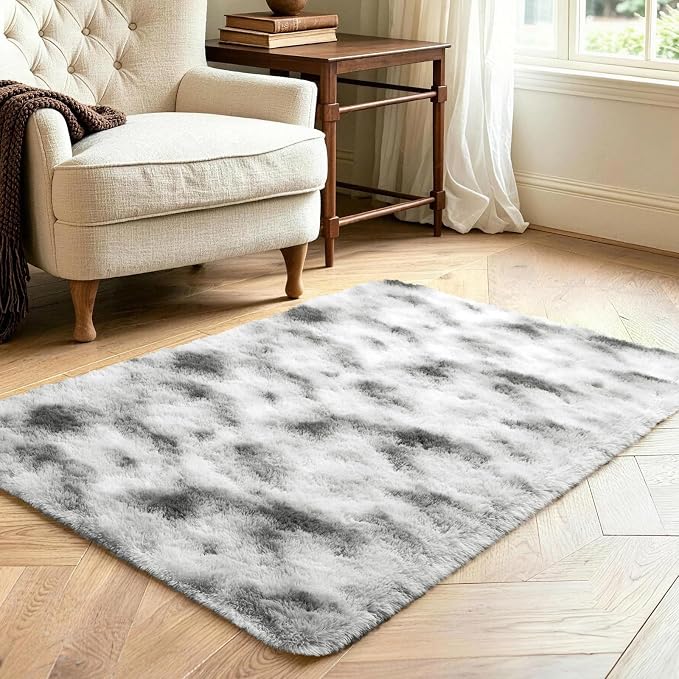 3x5 Tie-Dyed Grey and White Fluffy Area Rug Non-Slip - Image 3