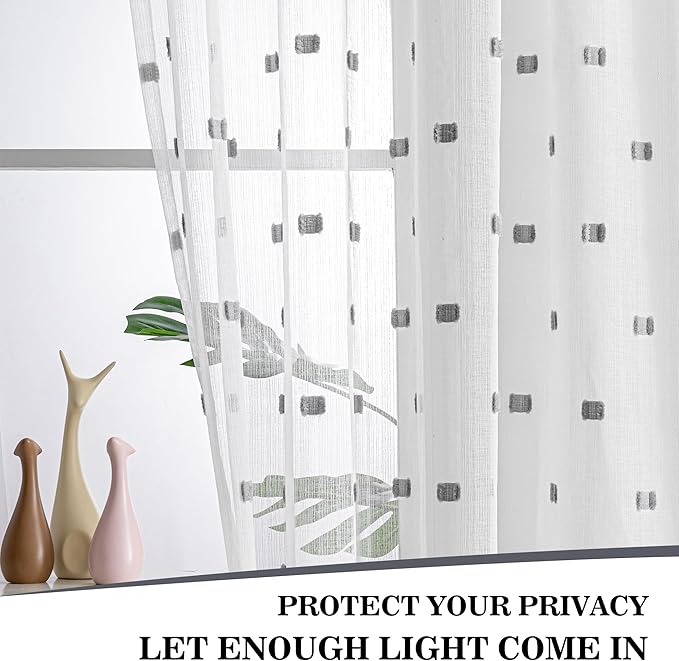 MYSKY HOME White Curtains for Bedroom 63 Inch Length Long Sheer Curtains for Kids Room Nursery Curtains with Grey Patched Design Rod Pocket Privacy Window Drapes Dining Room 52" x 63" 2 Panels