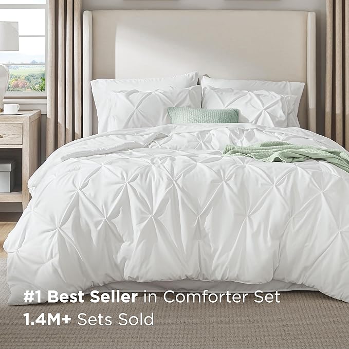 Bedsure Queen Comforter Set White - Bed in a Bag Queen Size Bedding 7 Pieces, GentleSoft™ Pintuck Bed Set Gift for Family, Pinch Pleat All Season Comforter with Sheets, Pillowcases & Shams