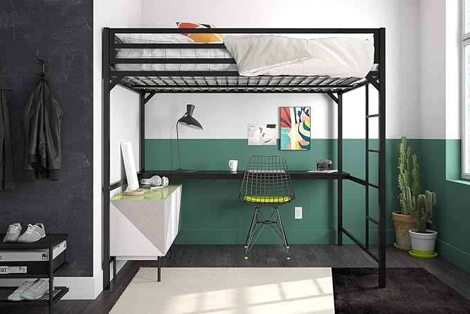 DHP Miles Metal Full Loft Bed with Desk, Black