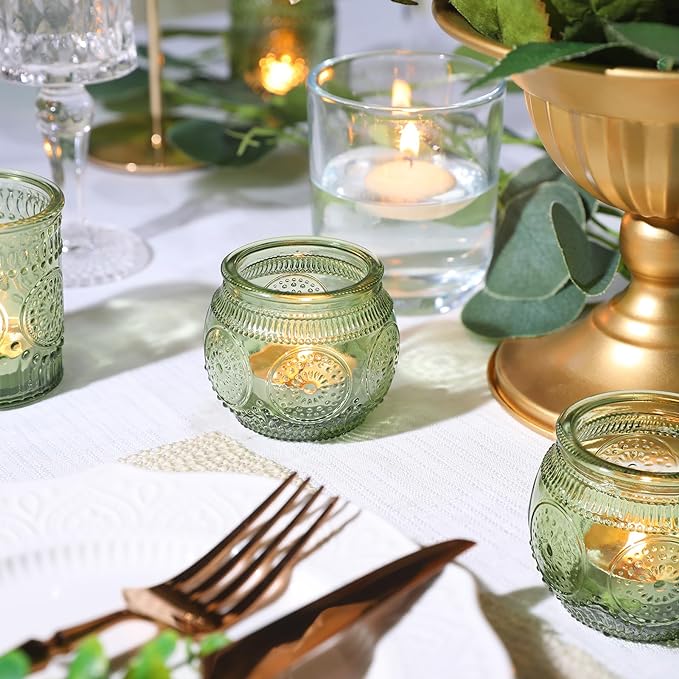 12pcs Assorted Green Votive Candle Holders for Wedding Table Decorations, Glass Tea Lights Candle Holder for Bridal Shower, Baby Shower Decrations, Boho Tea Party Decor, Wedding Party Gifts for Guests