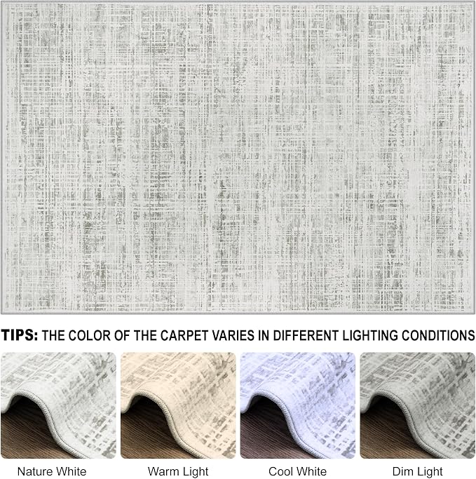 8x10 Washable Area Rug for Living Room Bedroom: Non-Slip Modern White Gray | - Image 8