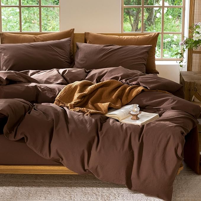 MooMee Bedding Duvet Cover Set 100% Washed Cotton Linen Like Textured Breathable Durable Soft Comfy (Solid Cocoa Brown, Oversized Queen 98"x98")