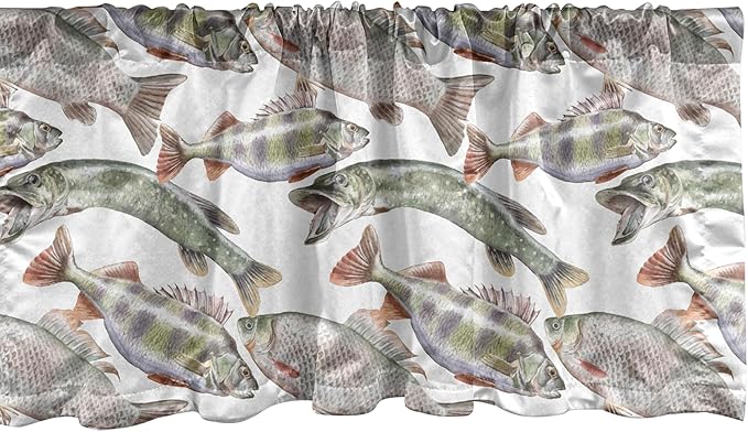 Ambesonne Fishes Window Valance Pack of 2, Watercolor Common Carp Perch and Bass Freshwater Animals Themed Seafood Drawing, Rod Pocket Curtain Valances for Kitchen Bedroom, 54" X 18", Pale Blue Grey