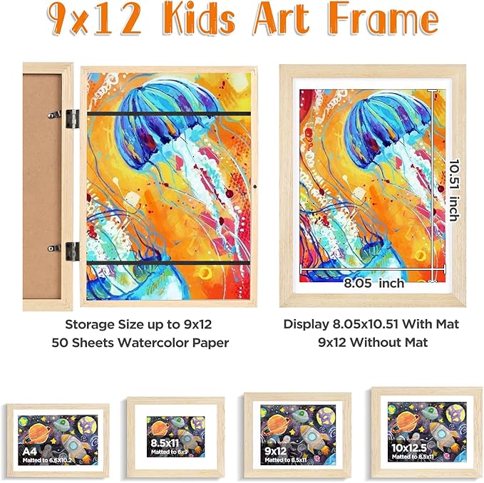 KINLINK 9x12 Kids Art Frames Set of 2, Solid Wood Kids Artwork Frames Changeable with Acrylic Front Opening Holds 150 Pictures, Art Frame for Kids Artwork with Mat or without Mat, Natural