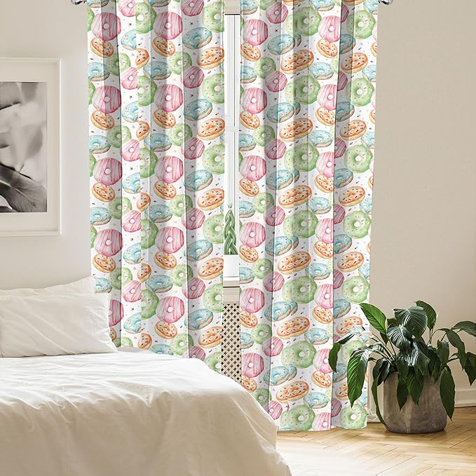 Ambesonne Watercolor Window Curtains, Delicious Donuts Pattern Various Flavors Sprinkles Stars Background, Lightweight Decor 2-Panel Set with Rod Pocket, Pair of - 28" x 95", Pale Fern