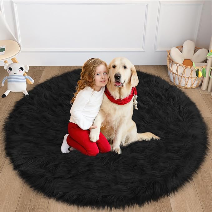 Faux Fur Black Round Rug 4ft for Bedroom, Plush Shaggy Circular Rug for Nursery by TENNOLA