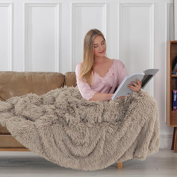 Tuddrom Decorative Extra Soft Faux Fur Throw Blanket 70"x78",Solid Reversible Fuzzy Lightweight Long Hair Shaggy Blanket,Fluffy Cozy Plush Fleece Comfy Microfiber Blanket for Couch Sofa Bed,Khaki