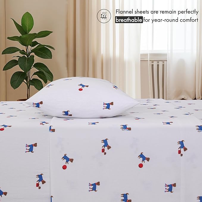 RUVANTI Flannel Sheets Full Size - 100% Cotton Double Brushed Bed Sheets Set, Deep Pockets 16 Inches, All Seasons Breathable & Extra Soft Full Sheets, Warm & Cozy, 4 Piece, Puppy Playoff