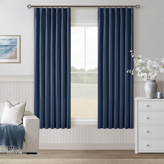 Navy Blue 100% Blackout Pinch Pleated Linen 63 Inch Curtains by Twodrapes
