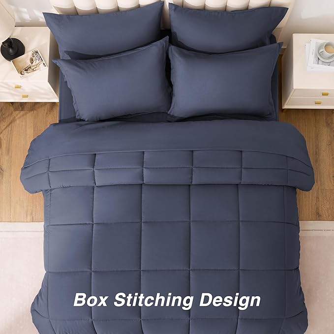 Love's cabin King Size Comforter Set Indigo Blue, 7 Pieces King Bed in a Bag, All Season Bedding Sets with 1 Comforter, 1 Flat Sheet, 1 Fitted Sheet, 2 Pillowcase and 2 Pillow Sham