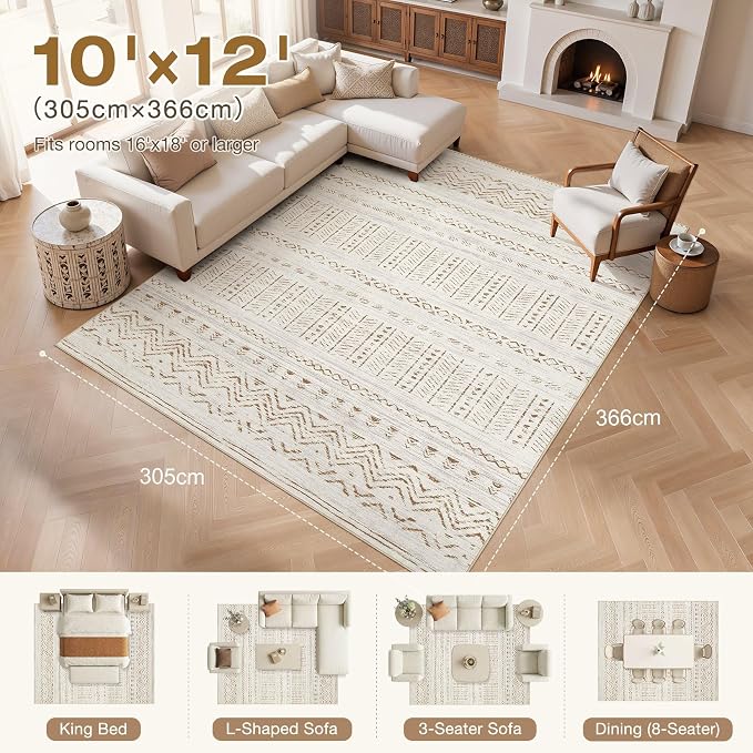 cotiled 10x12 Area Rugs Washable Boho Living Room Rug Brown/Cream | Stain - Image 9