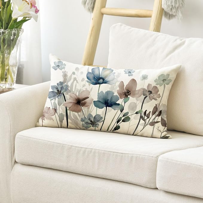 AVOIN colorlife Poppy Flowers Blue Brown Throw Pillow Cover 12x20 Inch | - Image 3