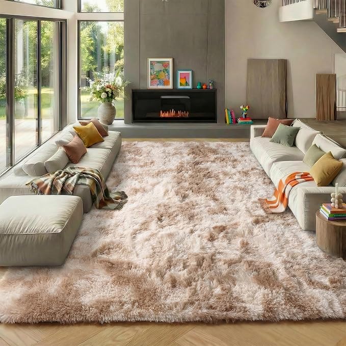 8x10 Area Rugs for Living Room, Tie-Dyed Beige Large Fluffy Bedroom Rug by ONASAR