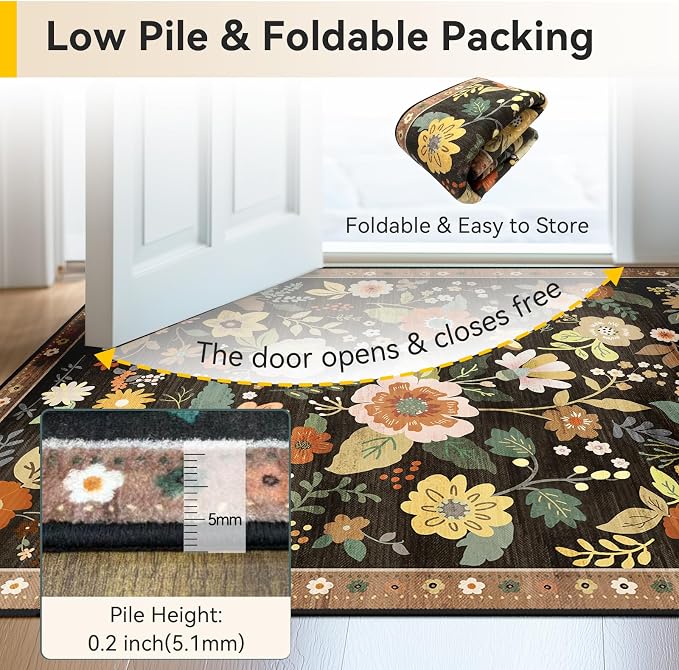RELEANY Floral Washable 9x12 Area Rugs Black/Yellow | Flower Carpet Print Boho - Image 5