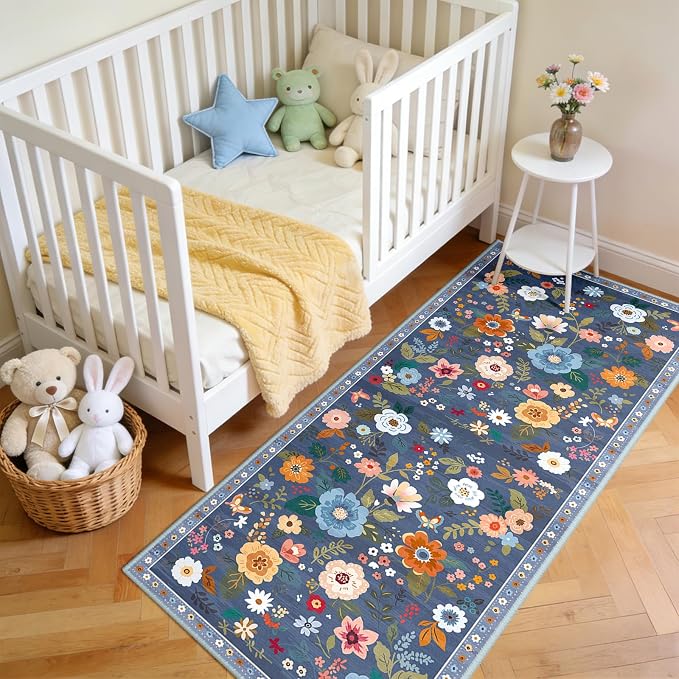 Floral Washable 2x5 Area Rugs Runner Entryway Hallway Blue/Grey | Flower Carpet - Image 3
