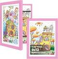 KINLINK 9x12 Kids Art Frames Set of 2, Solid Wood Kids Artwork Frames Changeable with Acrylic Front Opening Holds 150 Pictures, Art Frame for Kids Artwork with Mat or without Mat, Pink