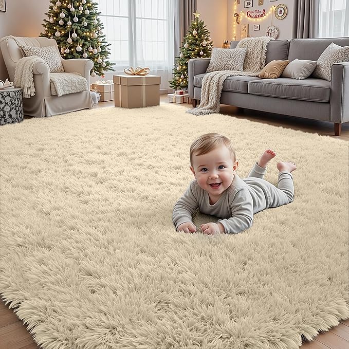 8x10 Fluffy Shag Area Rugs for Living Room Bedroom: Soft Plush Carpet Beige | - Image 9