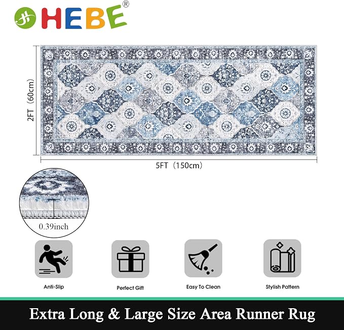 HEBE Hallway Runner Rug 2'x5', Washable Non Slip Kitchen Rug Runner | Soft Boho - Image 2