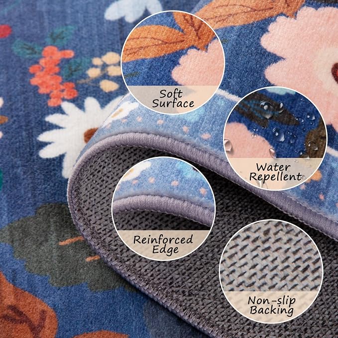 RELEANY Floral Washable 9x12 Area Rugs Blue/Grey | Flower Carpet Print Boho - Image 4