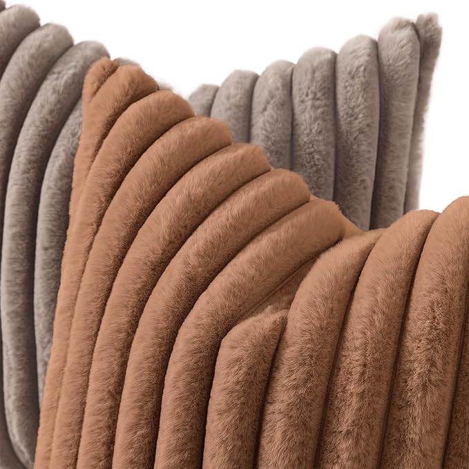 decorUhome Fall Faux Fur Throw Pillow Covers 24x24 Set of 2 Brown | Decorative - Image 2