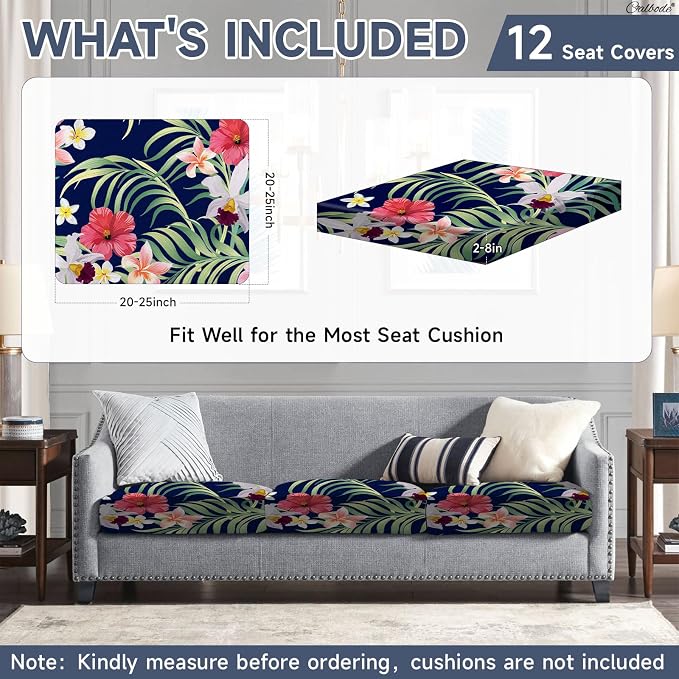 CALBODE 12 Pcs Stretch Outdoor Seat Cushion Covers, Tropical Floral, - Image 2
