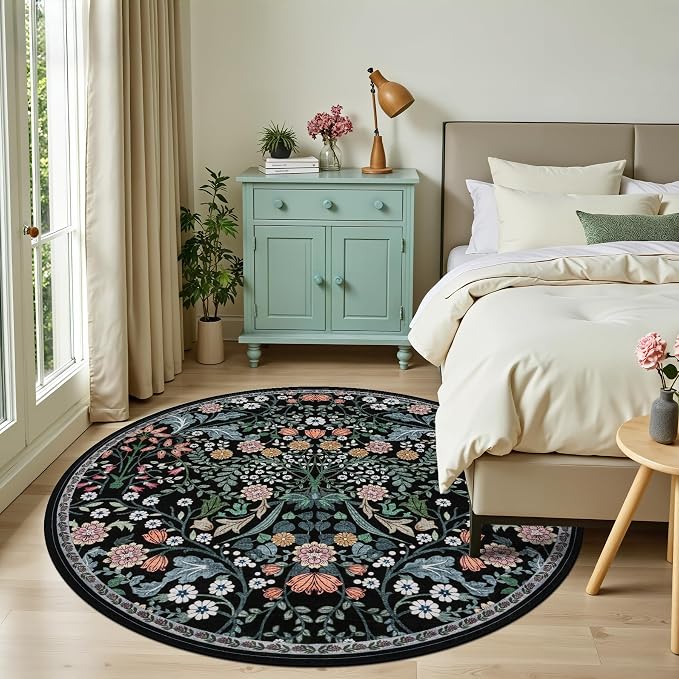 PLHXFR Round Area Rug Living Room: 6 ft Floral Washable Carpet Dark Black | - Image 3