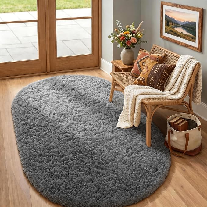 Ophanie 4x6 Oval Grey Rugs for Bedroom Living Room, Fluffy Fuzzy Furry Carpet - Image 3