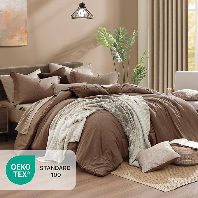 Monbix Queen Comforter Set - 7 Pieces Cationic Dyeing Brown Bed in a Bag Queen Bedding Sets with Comforter, Sheets, Pillowcases & Shams, Reversible Bedding Comforters Sets