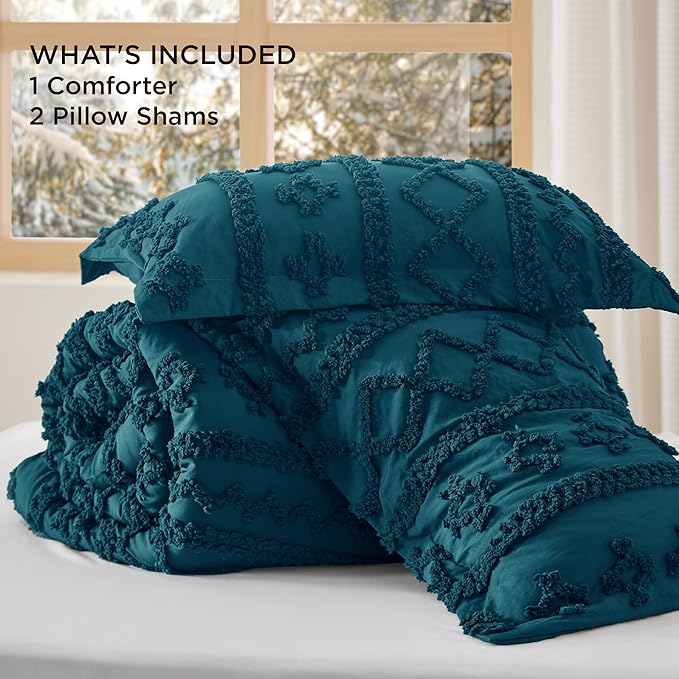 Bedsure Tufted Boho Comforter Set King Size - Teal Boho Bed Set, GentleSoft 3 Pieces Farmhouse Shabby Chic Embroidery Bedding, Gifts for Woman, Soft Jacquard King Comforter for All Seasons