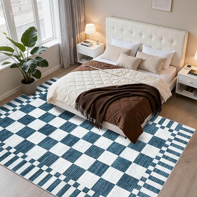 GarveeHome 8x10 Area Rugs Geometric Washable Modern Navy Blue Checkered Rug | - Image 9